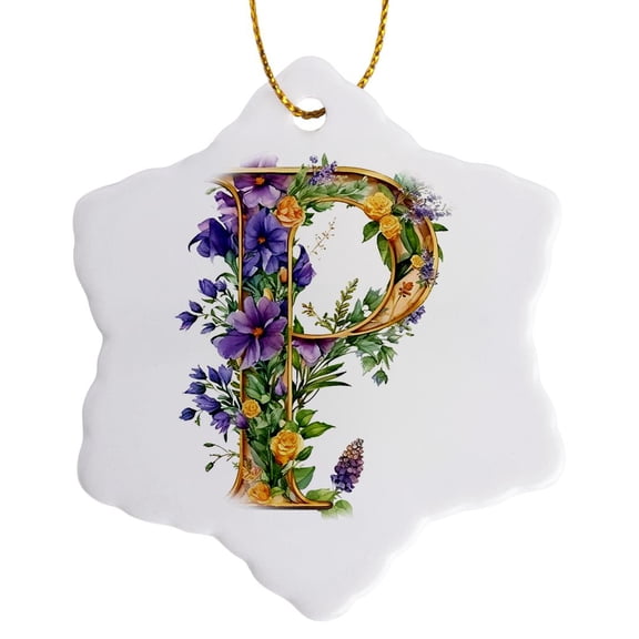 3drose, Pretty Purple and Image of Gold Floral Monogram P, 3 inch Snowflake Porcelain Ornament