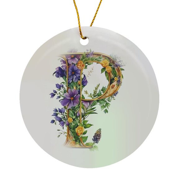 3drose, Pretty Purple and Image of Gold Floral Monogram P, Circle Porcelain Ornament