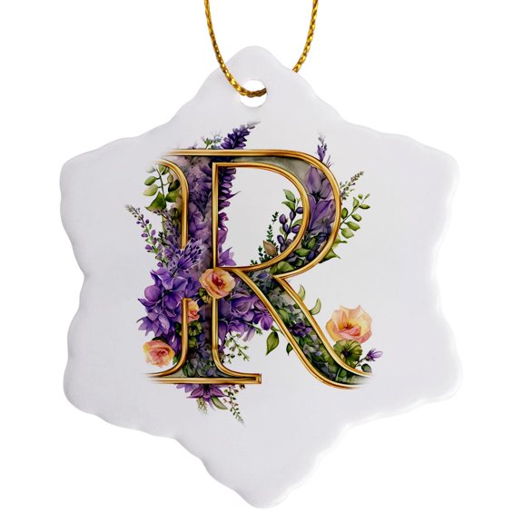 3drose, Pretty Purple and Image of Gold Floral Monogram R, 3 inch Snowflake Porcelain Ornament