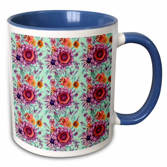 3drose, Pretty Purple and Red Flowers Against a Mint Green Background, 11oz Two-tone Blue Mug