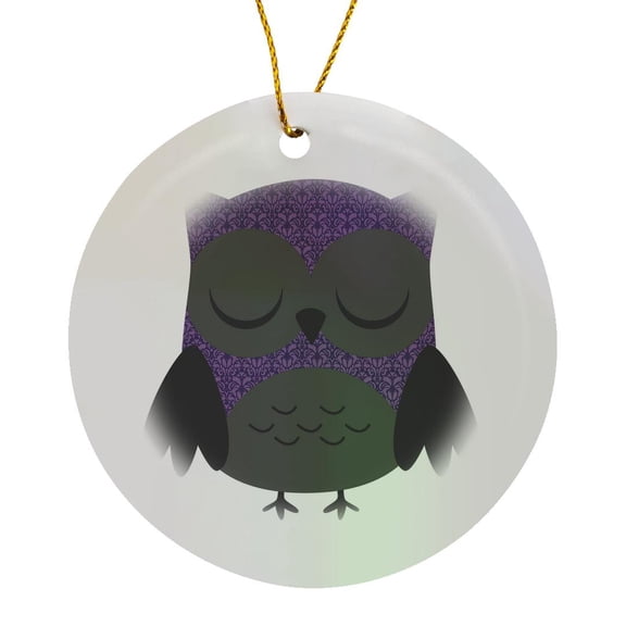 3drose, Pretty Purple Damask Owl, Circle Porcelain Ornament