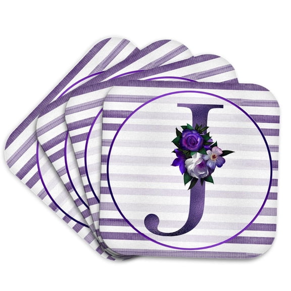 3drose, Pretty Purple Floral and Stripes Monogram Initial J, Set of 4 Coasters - Soft