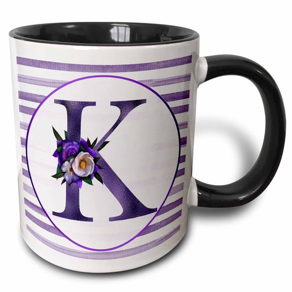 3drose, Pretty Purple Floral and Stripes Monogram Initial K, 11oz Two-tone Black Mug
