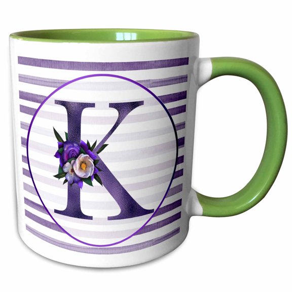 3drose, Pretty Purple Floral and Stripes Monogram Initial K, 11oz Two-tone Green Mug