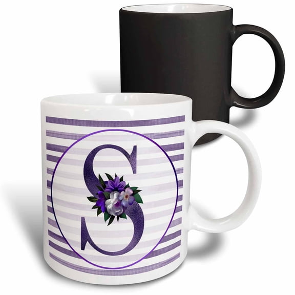 3drose, Pretty Purple Floral and Stripes Monogram Initial S, 11oz Magic Transforming Mug