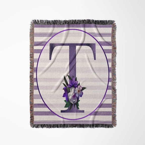 Pretty Purple Floral And Stripes Monogram Initial T, Woven Blanket