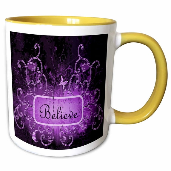 3drose, Pretty Purple Flourish with Purple Butterflies with the Word Believe, 15oz Two-tone Yellow Mug