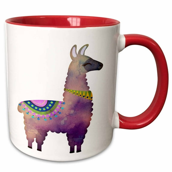 3drose, Pretty Purple Image of Watercolor Llama Illustration, 11oz Two-tone Red Mug