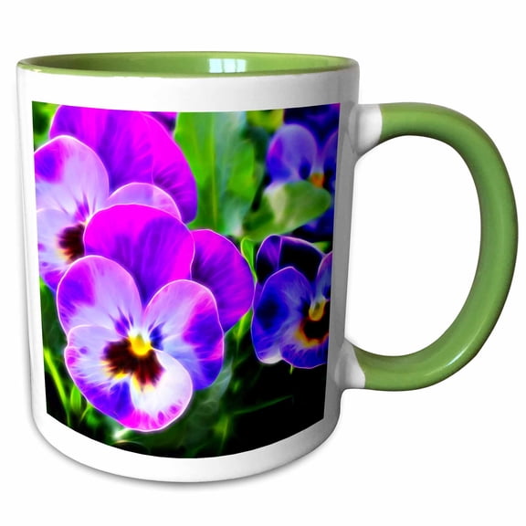 3drose, Pretty Purple Pansy Flowers Image of Light Infused Painting, 11oz Two-tone Green Mug