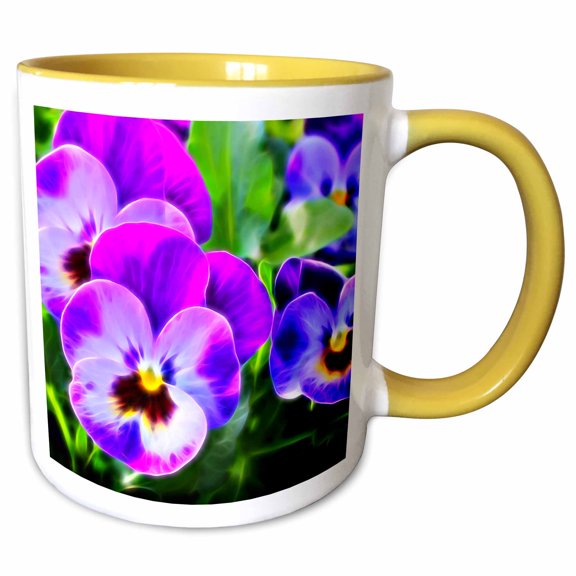 3drose, Pretty Purple Pansy Flowers Image of Light Infused Painting, 11oz Two-tone Yellow Mug