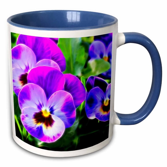 3drose, Pretty Purple Pansy Flowers Image of Light Infused Painting, 15oz Two-tone Blue Mug
