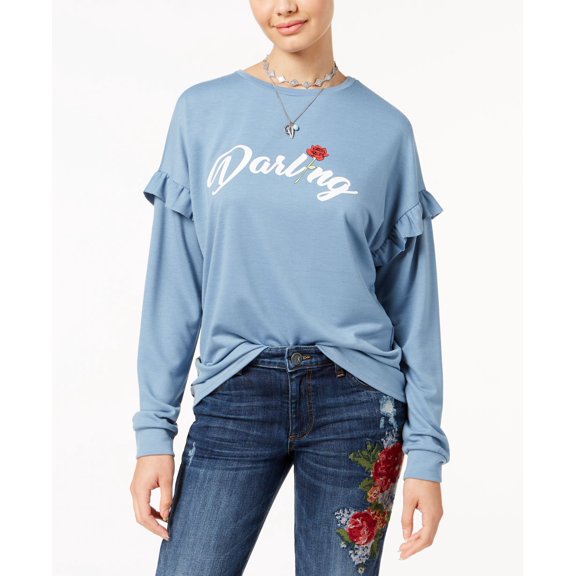 Pretty Rebellious Juniors Ruffled Darling Graphic Sweatshirt Dusty Denim S