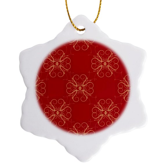 3drose, Pretty Red and Beige Lacy Flower Pattern, 3 inch Snowflake Porcelain Ornament