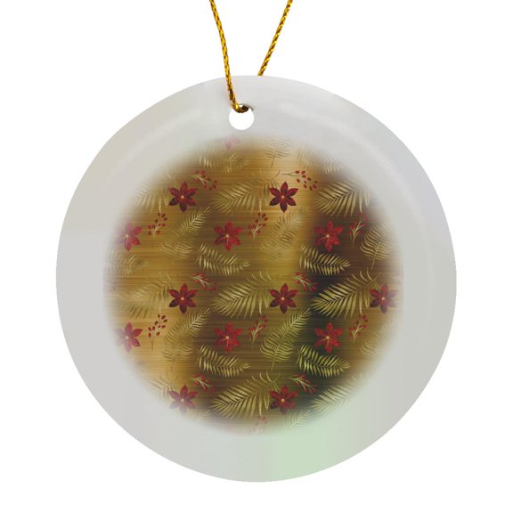 3drose, Pretty Red and Faux Gold Flowers and Leaves Pattern, Circle Porcelain Ornament