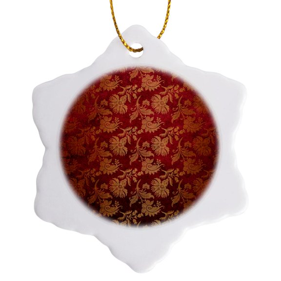 3drose, Pretty Red and Orange Art Nouveau Floral Pattern, 3 inch Snowflake Porcelain Ornament