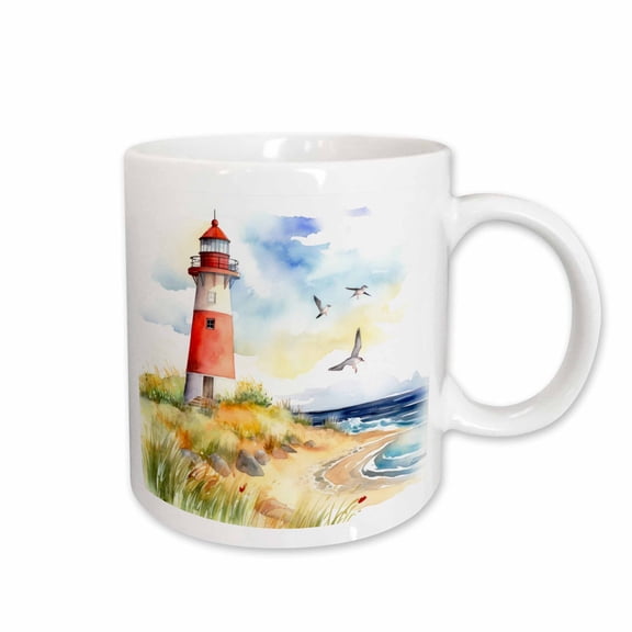 3drose, Pretty Red and White Lighthouse Beach Scene, 15oz Mug