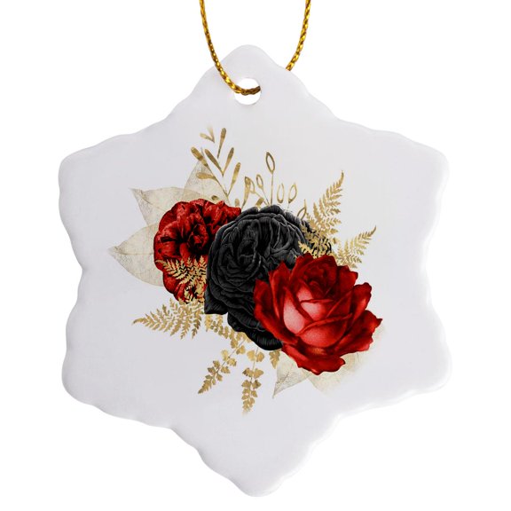 3drose, Pretty Red, Black, and Image of Gold Floral, 3 inch Snowflake Porcelain Ornament