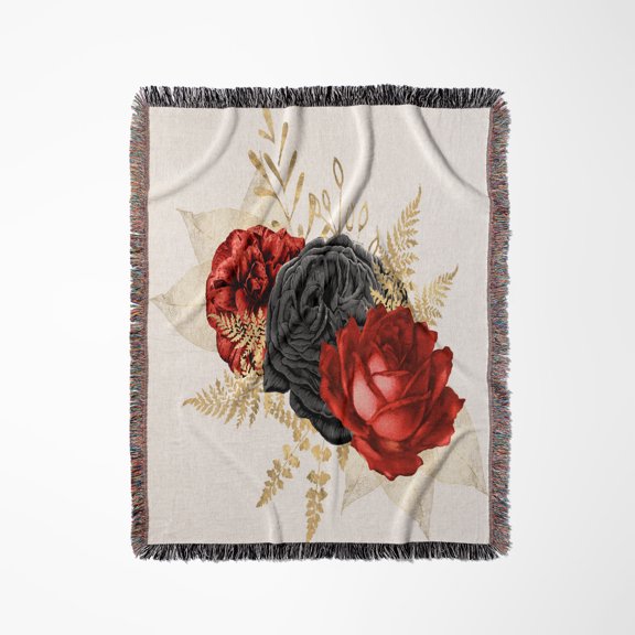 Pretty Red, Black, And Image Of Gold Floral , Woven Blanket