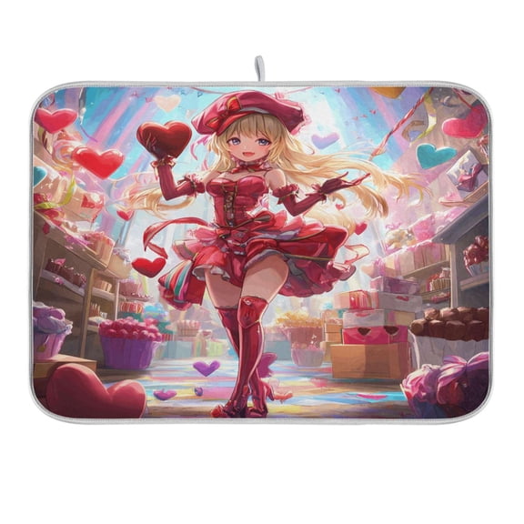 Pretty Red Girl with Love Balloon Dish Drying Mat for Kitchen Counter 16x18 In Absorbent Microfiber Reversible Mats Dish Drainer Protector Rack Pad for Coffee Bar Table