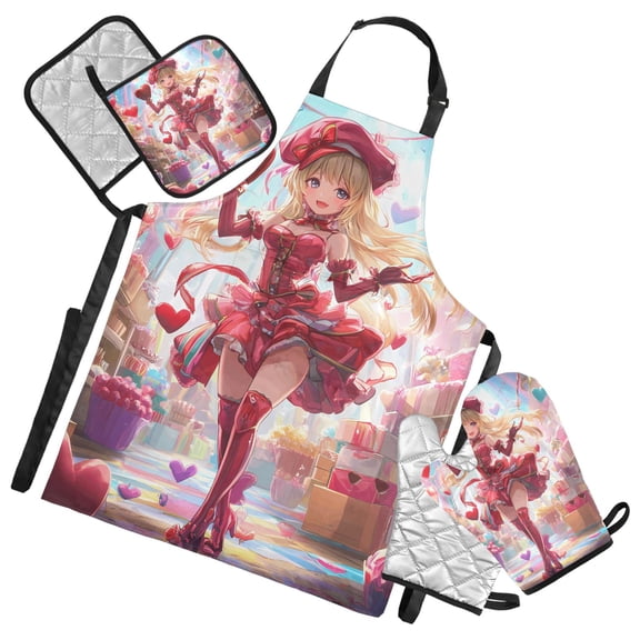 Pretty Red Girl with Love Balloon 5 Pcs Kitchen Set Heat Resistant Oven Mitts and Non-Slip Pot Holders with Adjustable Cooking Apron