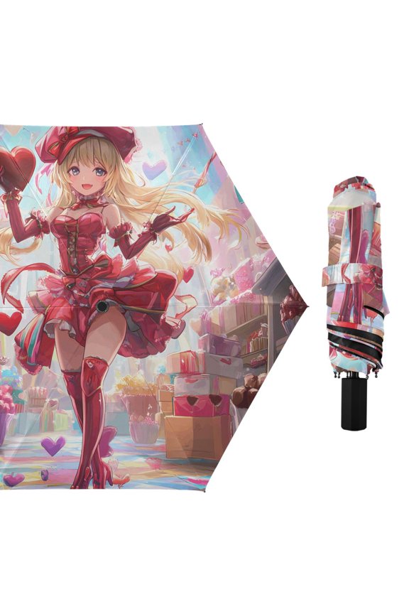 Pretty Red Girl with Love Balloon Compact Sun Umbrella Windproof Travel Umbrellas for Rain Strong Portable UV Protection