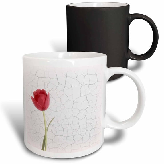 3drose, Pretty Red Tulip on Faux White Crackle Paint Background, 11oz Magic Transforming Mug