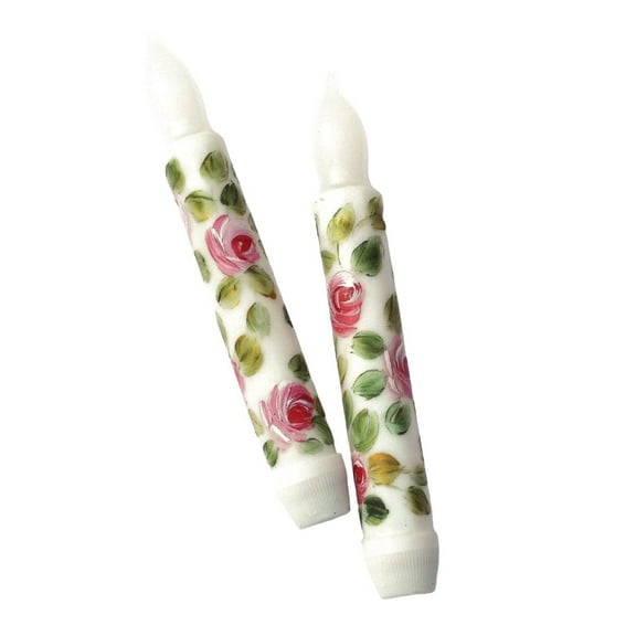 Pretty Romantic Decorative Battery Operated 6 Inch Little Short Flameless Taper Candles with Hand Painted Pink Roses Spring Decor