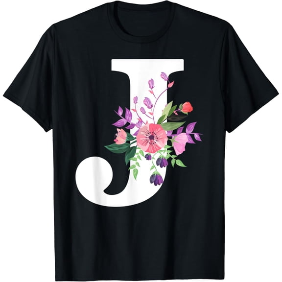Pretty Roses Floral Monogram White Letter J Cute Pink Flower T-Shirt, F857