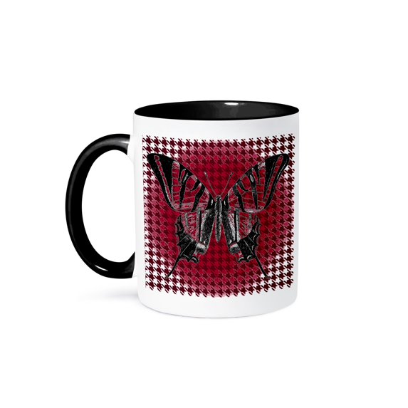 Pretty Ruby Red Butterfly On A Houndstooth Background, 11oz Two-Tone Black Mug