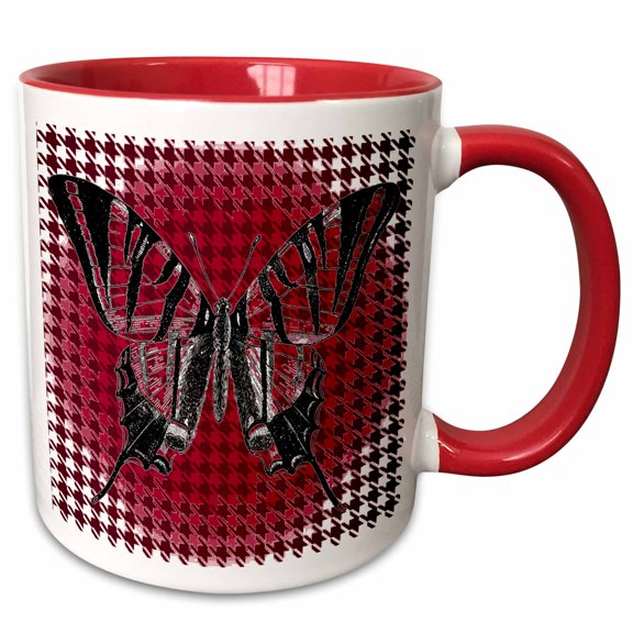 3drose, Pretty Ruby Red Butterfly on a Houndstooth Background, 11oz Two-tone Red Mug