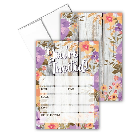 Pretty Rustic Floral Party Invitation With Envelopes - 25 Invitations - B15232