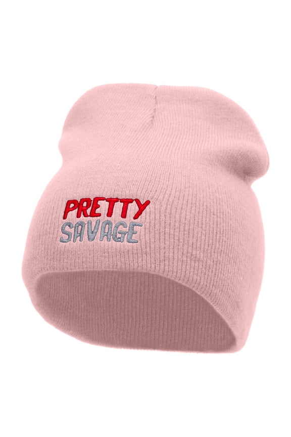 Pretty Savage Embroidered 8 Inch Acrylic Short Beanie - Pink OSFM