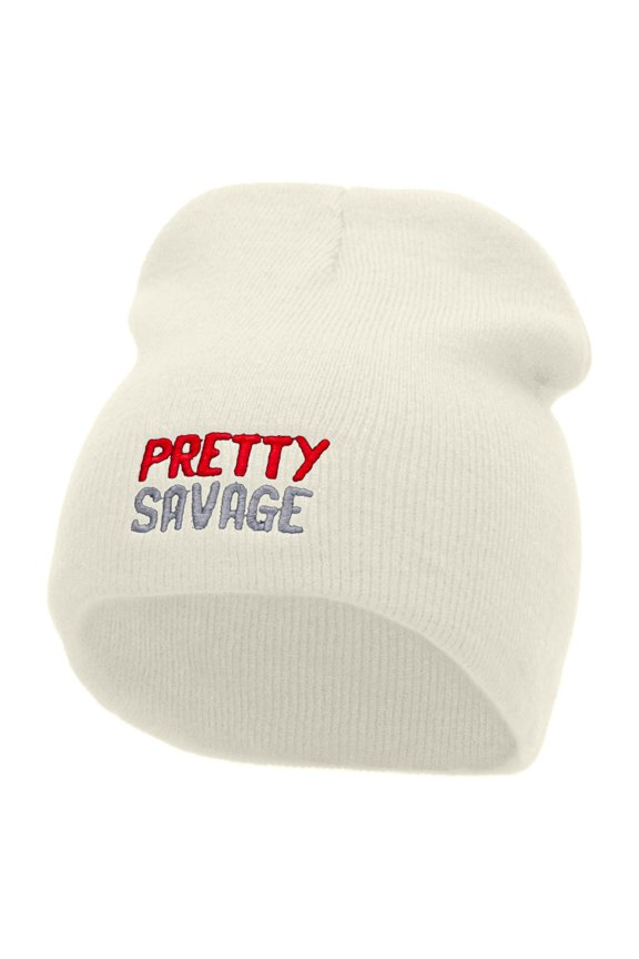 Pretty Savage Embroidered 8 Inch Acrylic Short Beanie - White OSFM