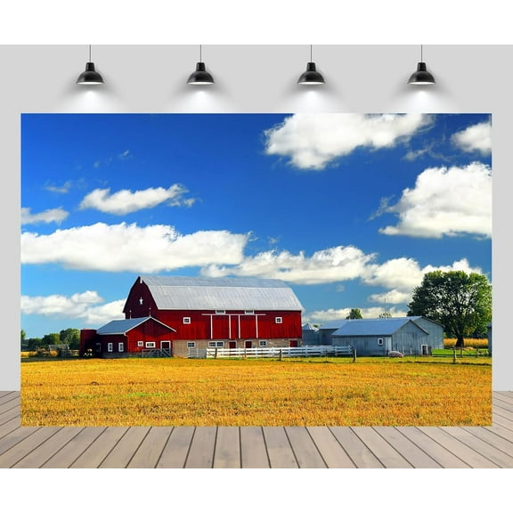 Pretty Scenery Backdrop Autumn Farm Field Photography Backdrop Red Barn Farmhouse Wheat Field Harvest Season Background for Thanksgiving Day Farm Theme Party Decor Portrait Photo Studio Props