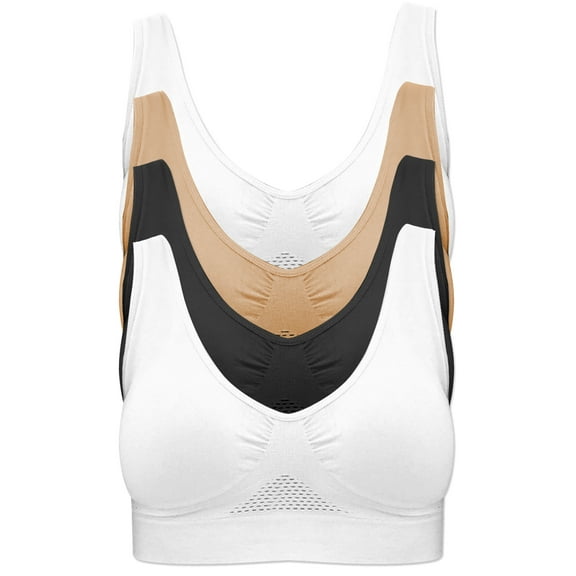 Pretty Seamless Women's Seamless Wireless Cooling Unpadded Comfort Bra Breathable, Lightweight 96% Nylon, 4% Spandex, White Black Nude, 4-Pack