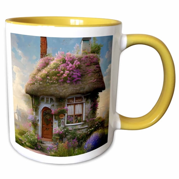3drose, Pretty Shabby Chic Little Cottage with Pink Flowers, 11oz Two-tone Yellow Mug