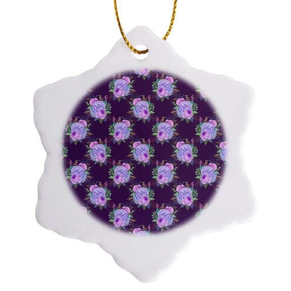 3drose, Pretty Shades of Purple Floral Pattern, 3 inch Snowflake Porcelain Ornament