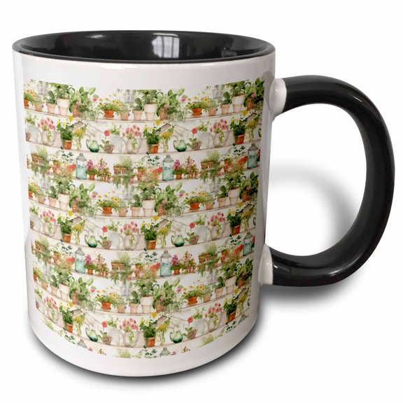 3drose, Pretty Shelves of Potted Plants Pattern, 15oz Two-tone Black Mug