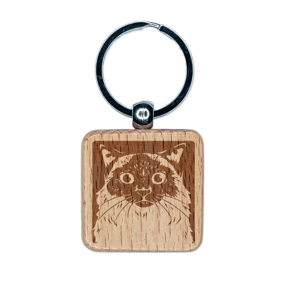 Pretty Siamese Cat Square Keychain Charm Tag - Engraved Wood