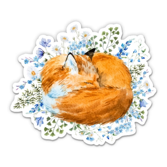 Pretty Sleeping Fox With Flowers - 5" Vinyl Sticker - For Car Laptop I-Pad - Waterproof Decal