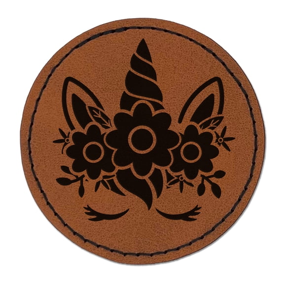 Pretty Sleepy Unicorn Face 2.5" Faux Leather Round Engraved Iron-On Patch - Brown