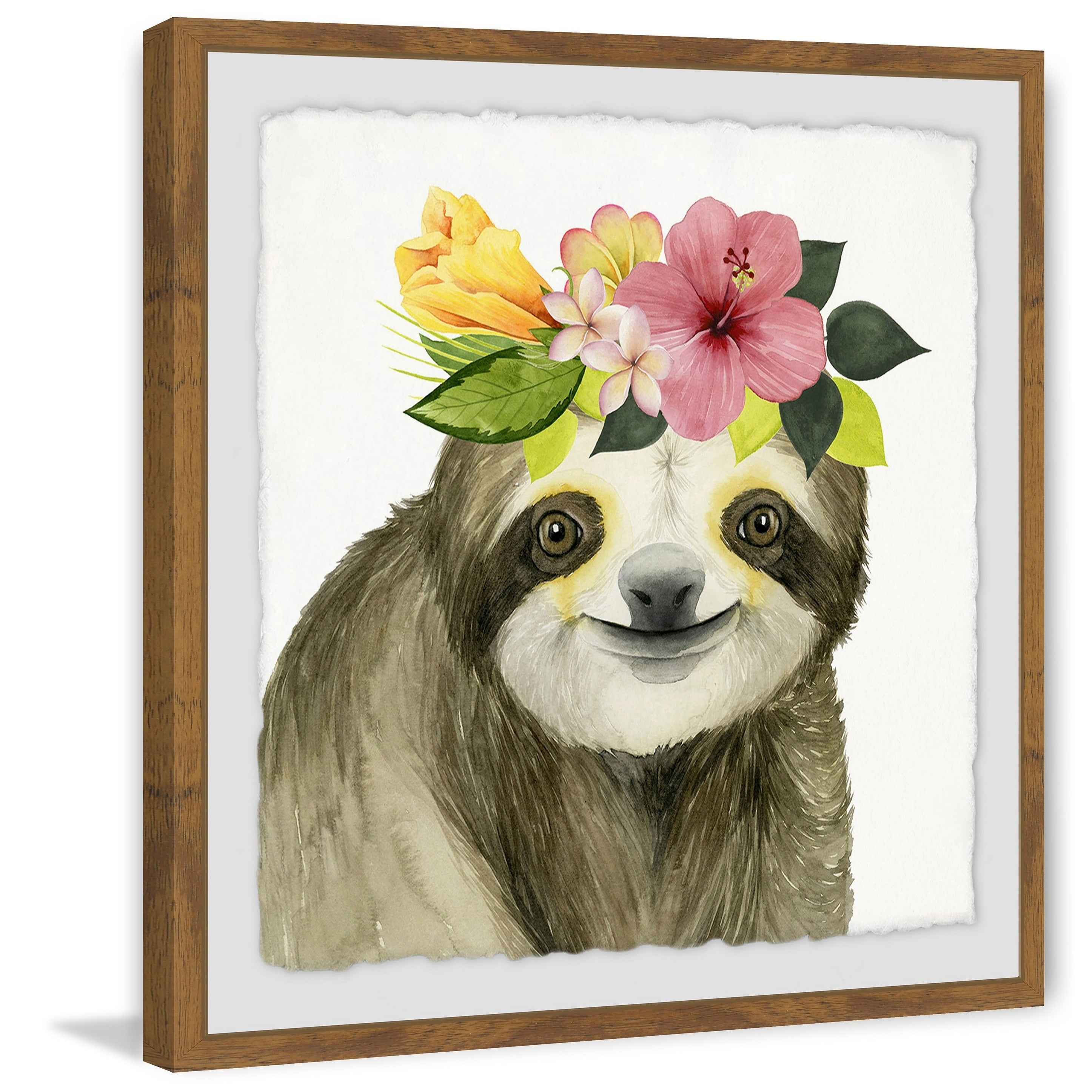 12" x 12" Brown Framed Sloth Print with Floral Crown