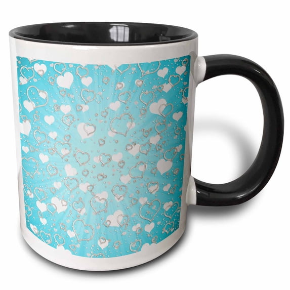 3drose, Pretty Sparkly Silver and Aqua Hearts and Confetti Pattern, 11oz Two-tone Black Mug