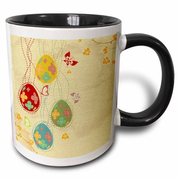 3drose, Pretty Spring Eggs Butterflies Floral Easter Vector Design, 15oz Two-tone Black Mug