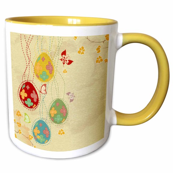 3drose, Pretty Spring Eggs Butterflies Floral Easter Vector Design, 15oz Two-tone Yellow Mug