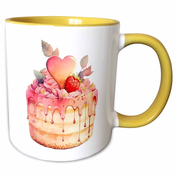 3drose, Pretty Strawberry Cake with a Heart Illustration, 15oz Two-tone Yellow Mug