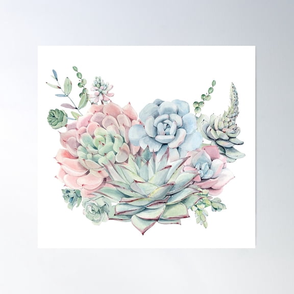 Pretty Succulents Pink And Green Desert Succulent Illustration Poster Wall Art, Modern Wall Decor For Living Room Bedroom, 8x12 UNFRAMED