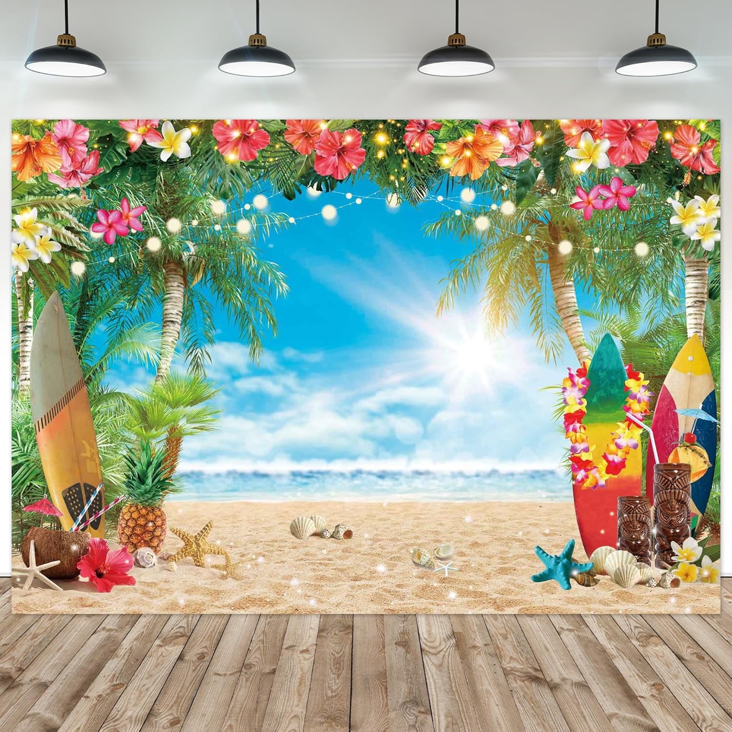 YCUCUEI 7x5ft Summer Hawaiian Beach Photography Backdrop Tropical Flower Palm Leaves Surfboard Background For Luau Aloha Party Decoration Banner Photo Booth