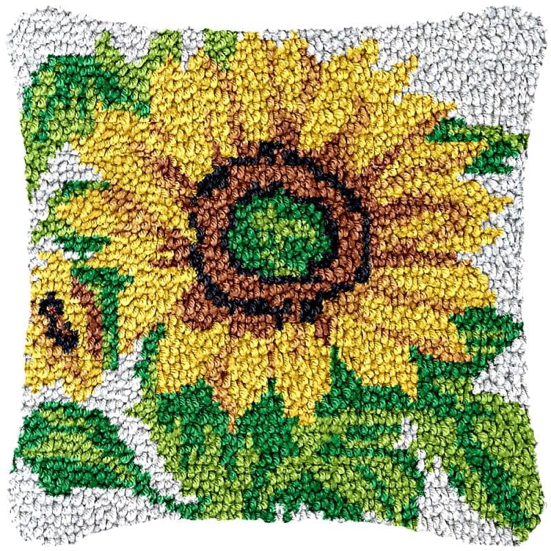 Pretty Sunflower Latch Hook Pillow Cover Kits for DIY Handmade Throw Pillow Cross Stitch Latch Hook Pillowcase Rug Kits with Preprinted Color Pattern Canvas Crochet Yarn Kits 17''X 17''(ch149)