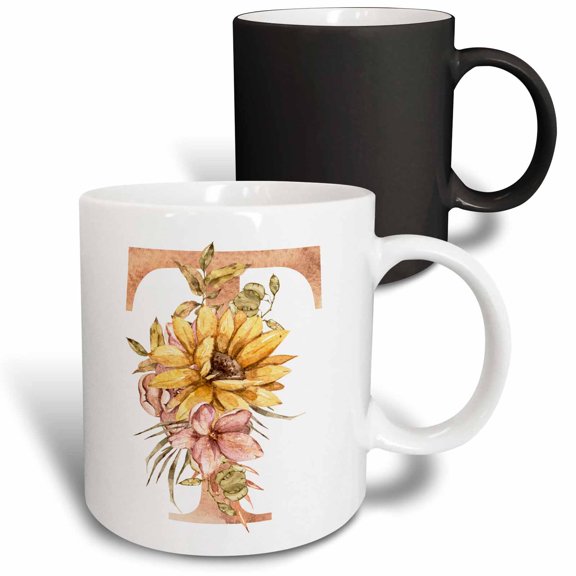 3drose, Pretty Sunflower Monogram Initial T, 11oz Magic Transforming Mug
